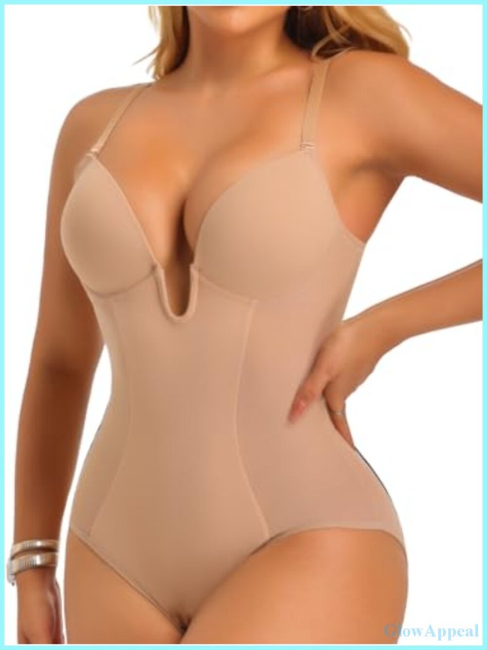 Shapewear Bodysuit with Built-in Bra Tummy Control U Plunge Backless Body Shaper